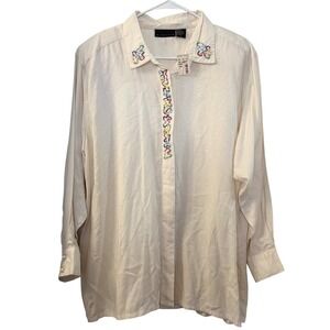 Momento Vintage Cream Beaded Floral Long Sleeve Button Up Shirt Size 42 Retro
